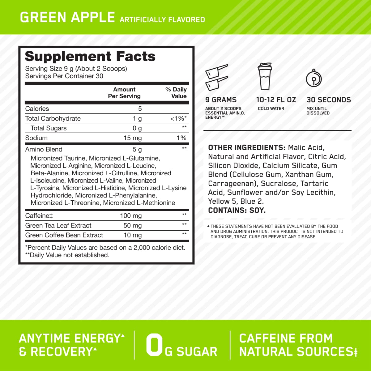 Optimum Nutrition Amino Energy 360g Pomme Verte - étiquette du produit