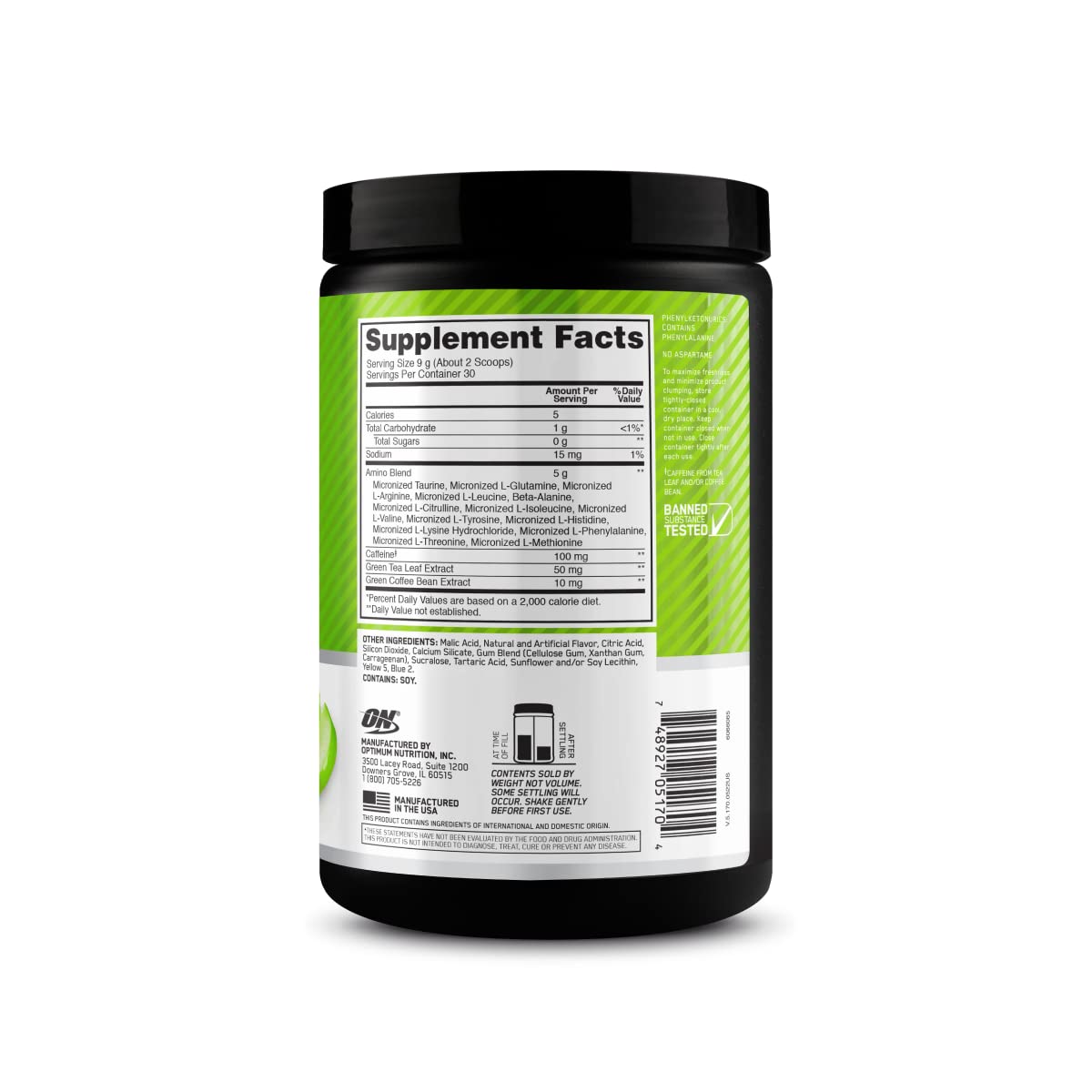 Optimum Nutrition Amino Energy 360g Pomme Verte - présentation sur une table