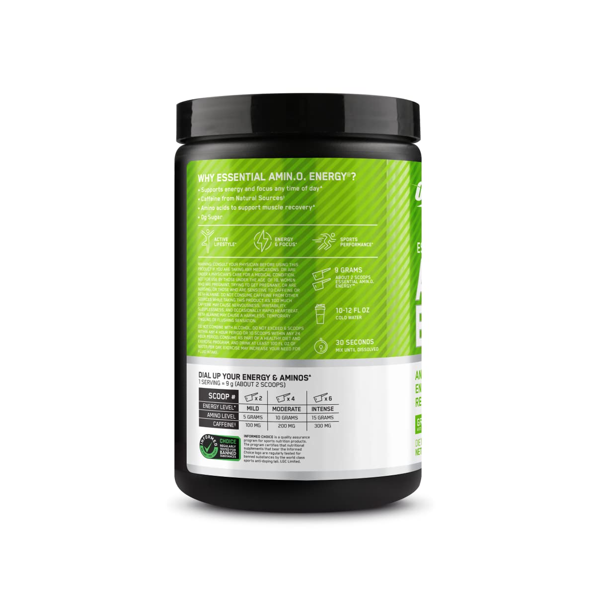 Optimum Nutrition Amino Energy 360g Pomme Verte - produit ouvert avec cuillère