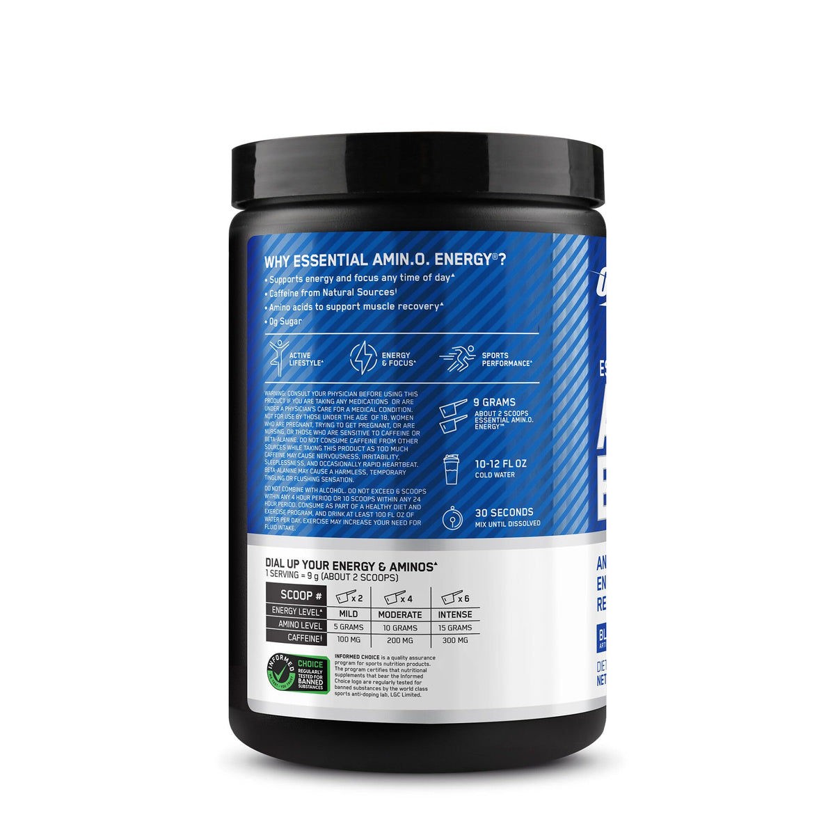 Optimum Nutrition Amino Energy boisson servie dans un verre avec glaçons