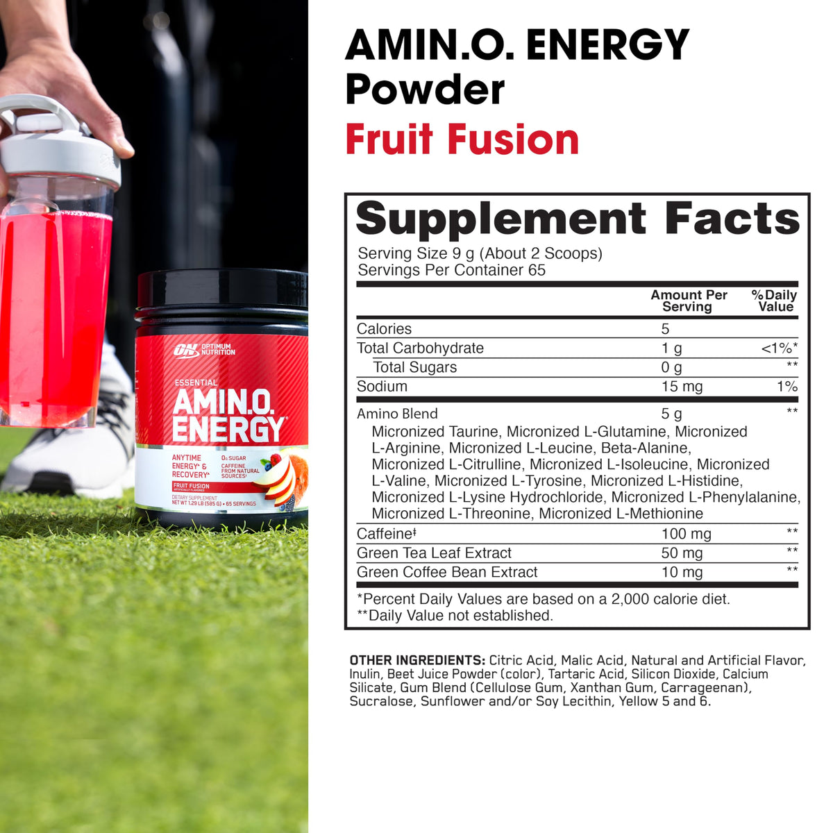 Optimum Nutrition Amino Energy étiquette montrant les ingrédients