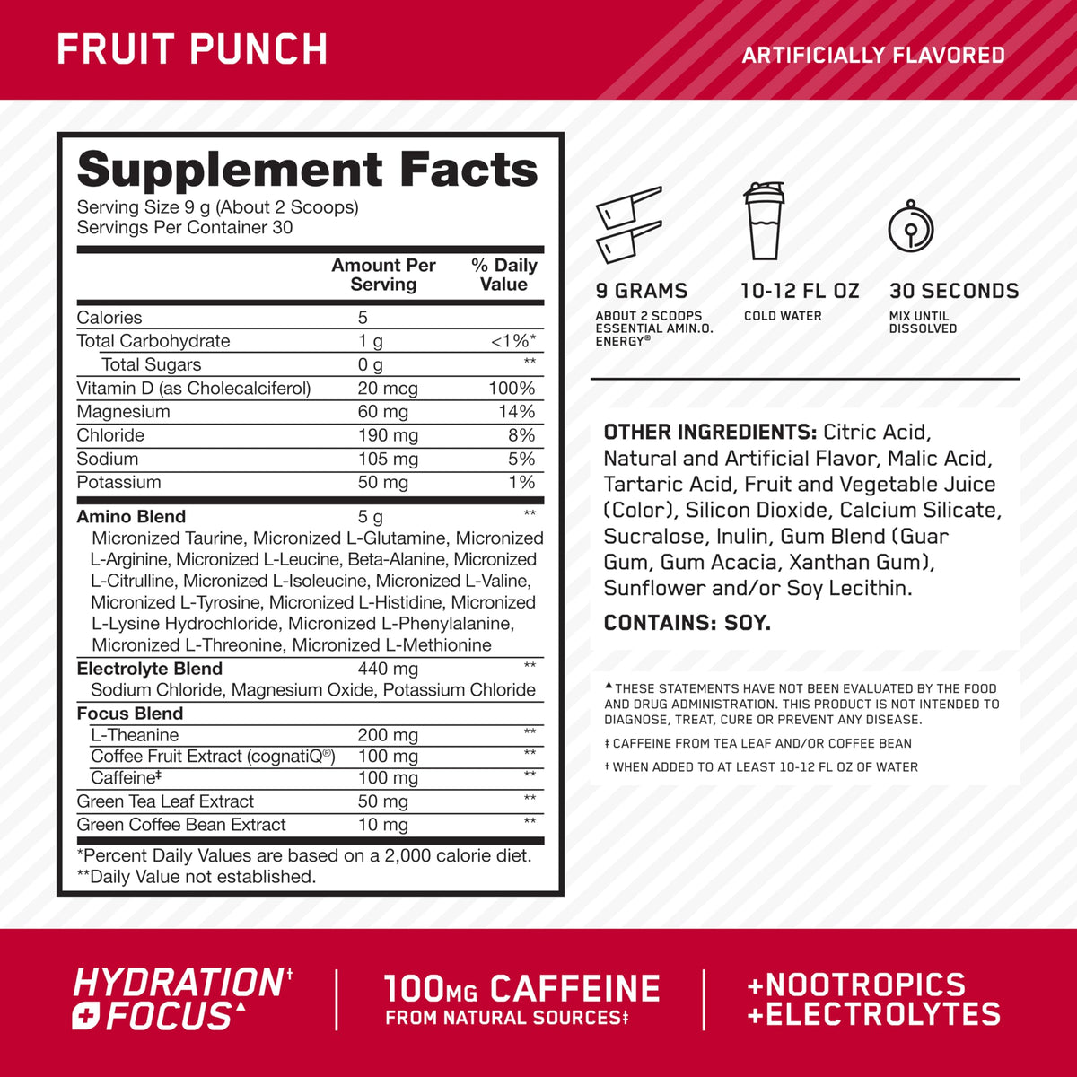 Optimum Nutrition Amino Energy Poudre 355g Fruit Punch vue arrière