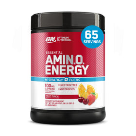 Optimum Nutrition Amino Energy Poudre avant vue avec emballage fruit punch