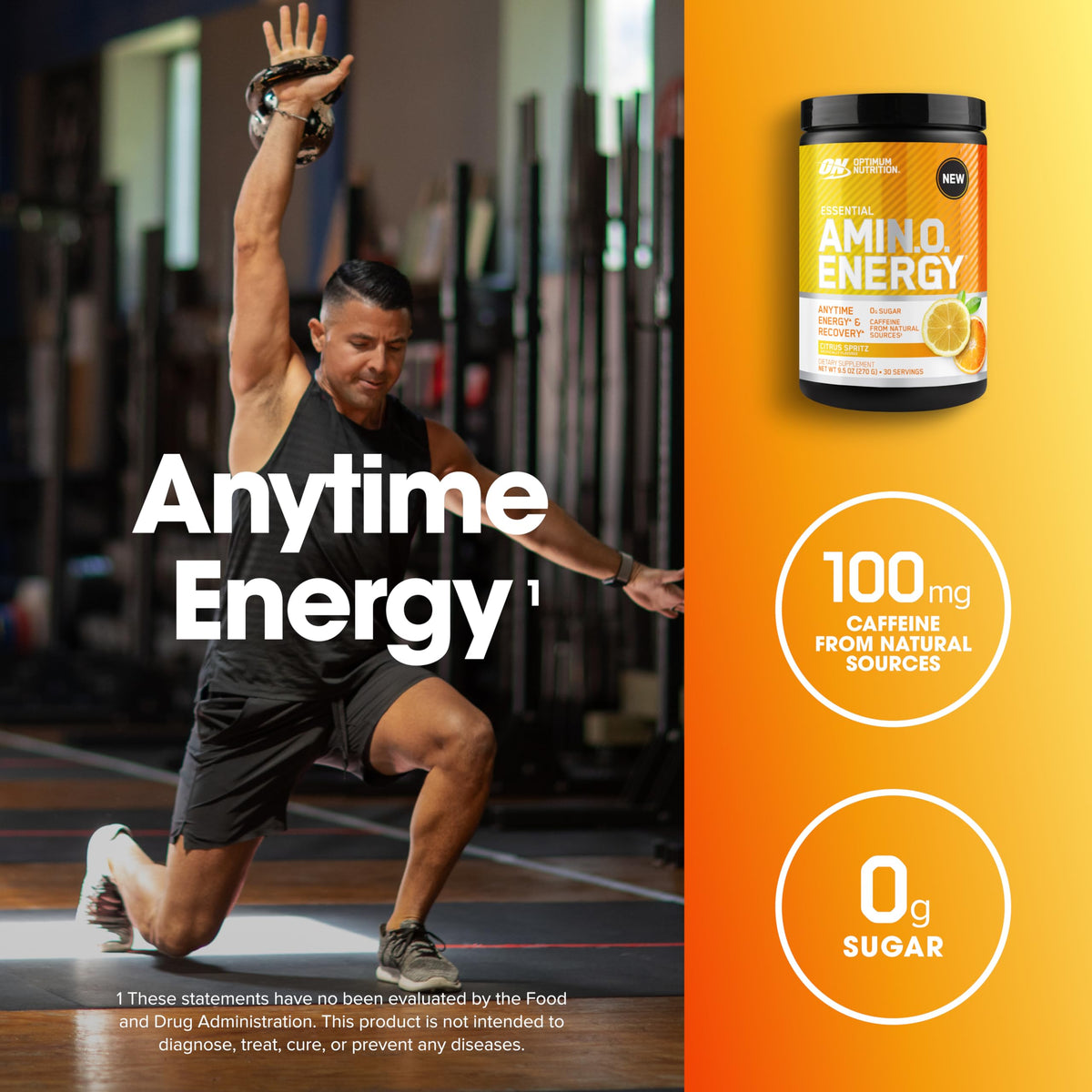 Optimum Nutrition Amino Energy Poudre Citrus Spritz 358g avec une cuillère doseuse