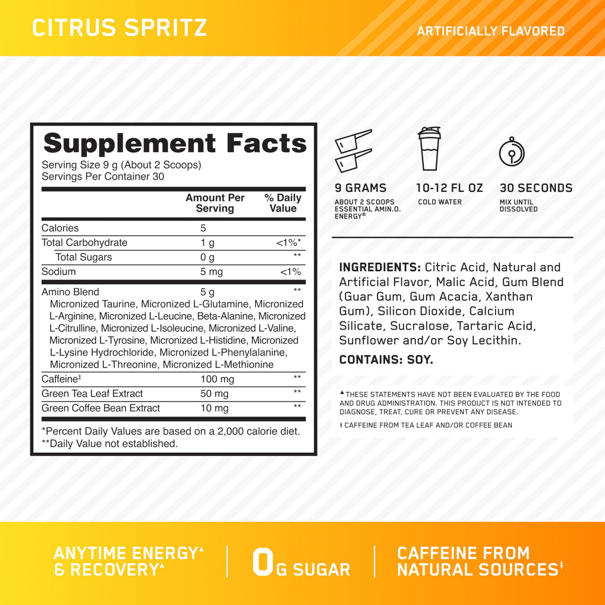 Optimum Nutrition Amino Energy Poudre Citrus Spritz 358g en poudre dans un verre
