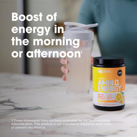 Optimum Nutrition Amino Energy Poudre Citrus Spritz 358g sur un plan de travail