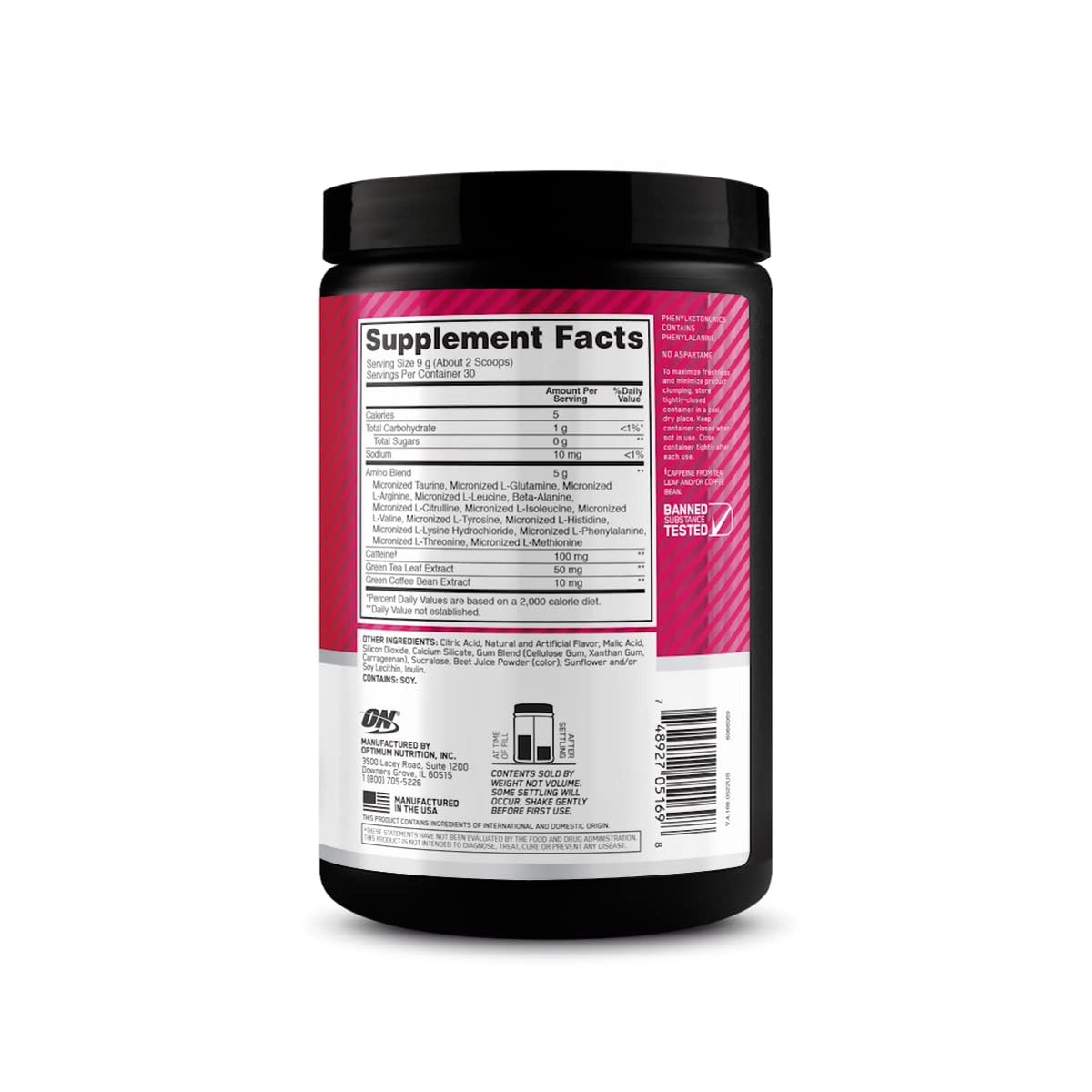Optimum Nutrition Amino Energy Poudre Fraise Citron Vert 340g sur une table