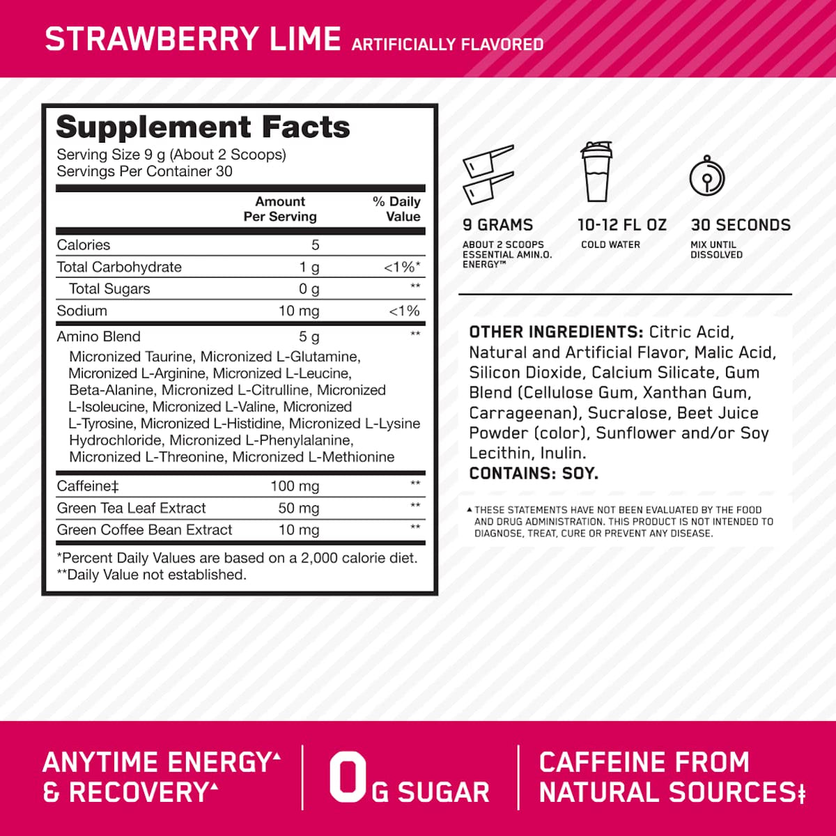 Optimum Nutrition Amino Energy Poudre Fraise Citron Vert 340g vue de dos