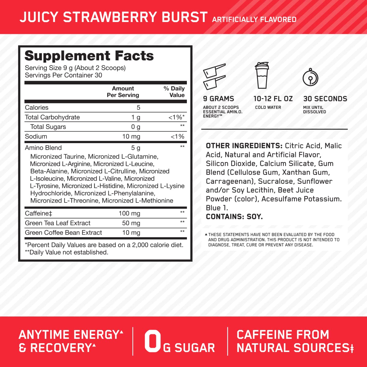 Optimum Nutrition Amino Energy Poudre Fraise Juteuse 363g avec cuillère doseuse