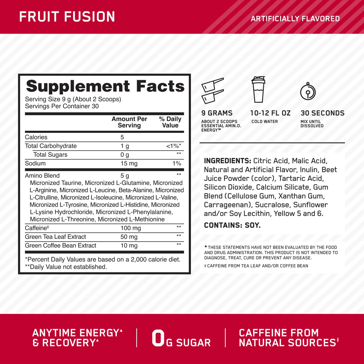 Optimum Nutrition Amino Energy Poudre Fruit Fusion 340g vue arrière