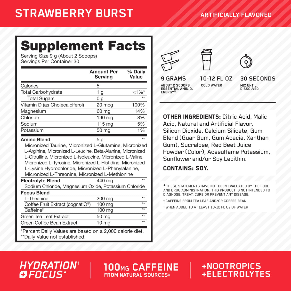 Optimum Nutrition Amino Energy Poudre, vue arrière avec informations nutritionnelles