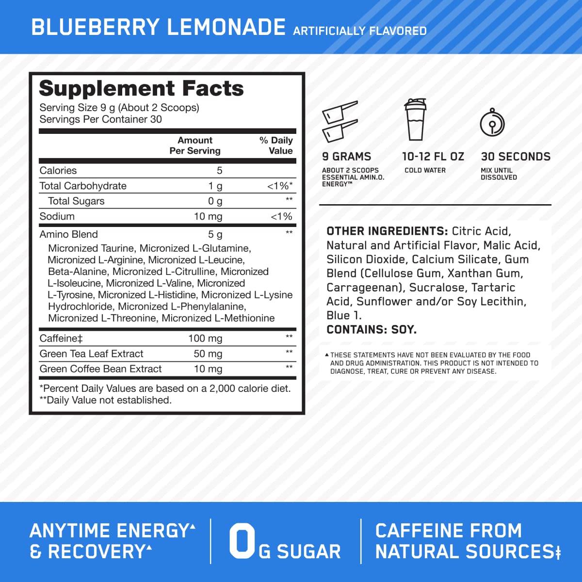 Optimum Nutrition Amino Energy Pré-Workout Citron Myrtille en poudre dans un verre