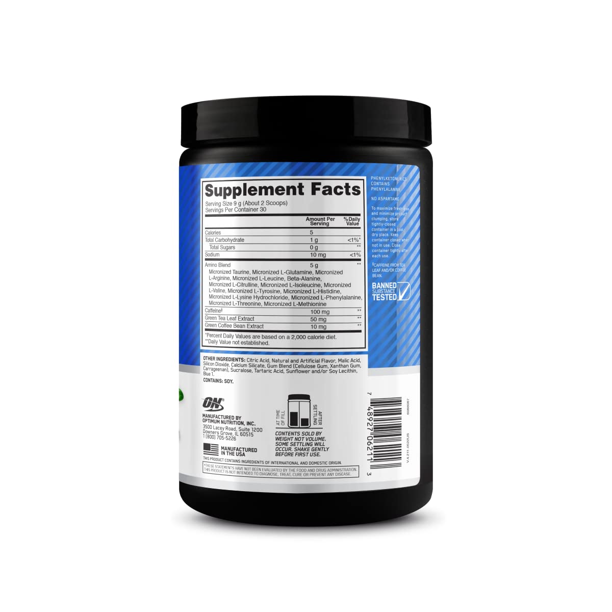 Optimum Nutrition Amino Energy Pré-Workout Citron Myrtille vue de côté