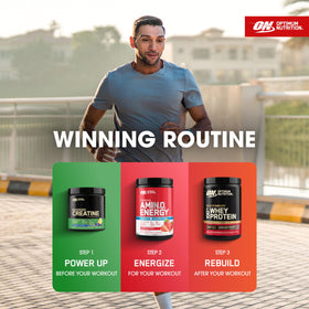 Optimum Nutrition Amino Energy stick pack displayed with fruits