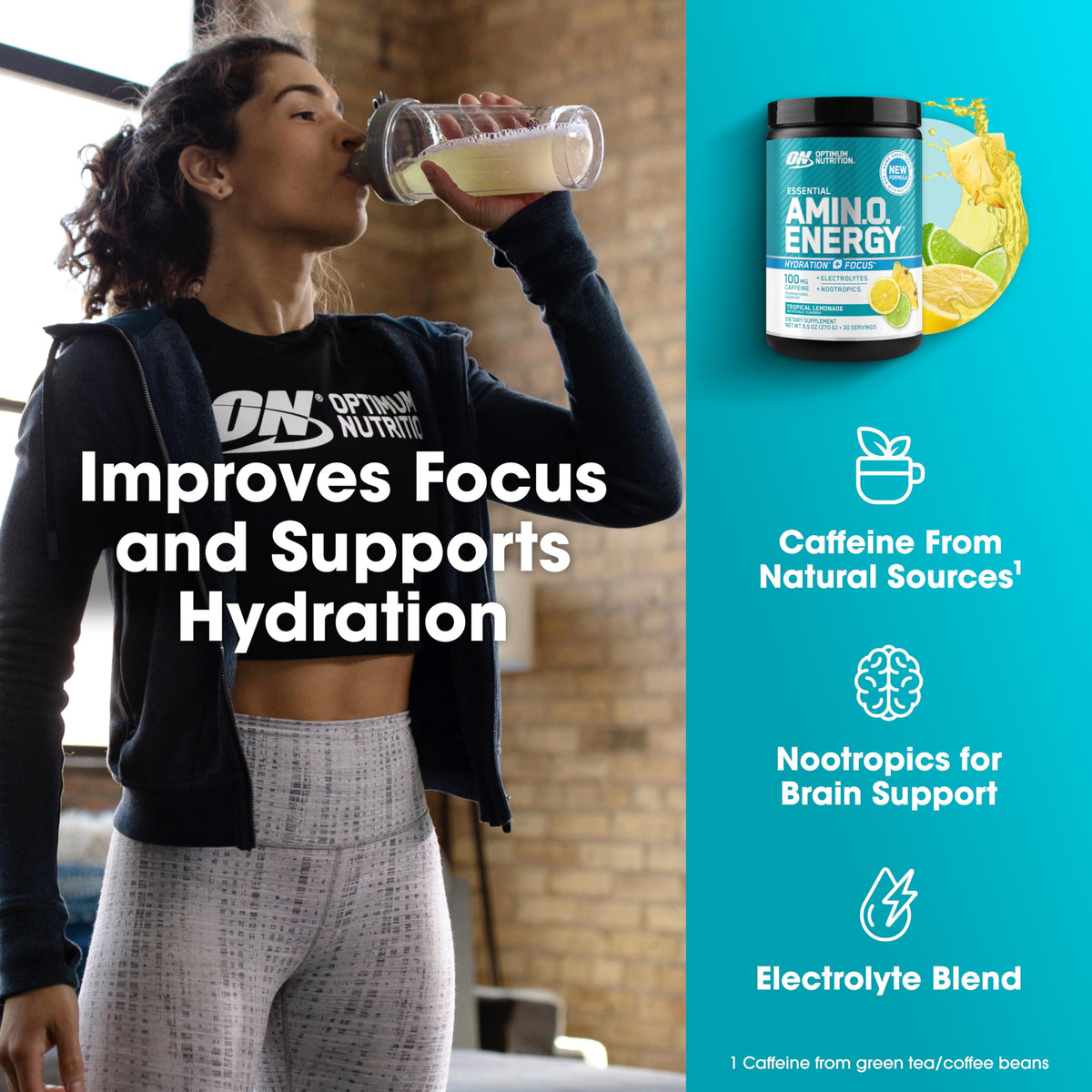 Optimum Nutrition Amino Energy Tropical Lemonade 390g vue arrière