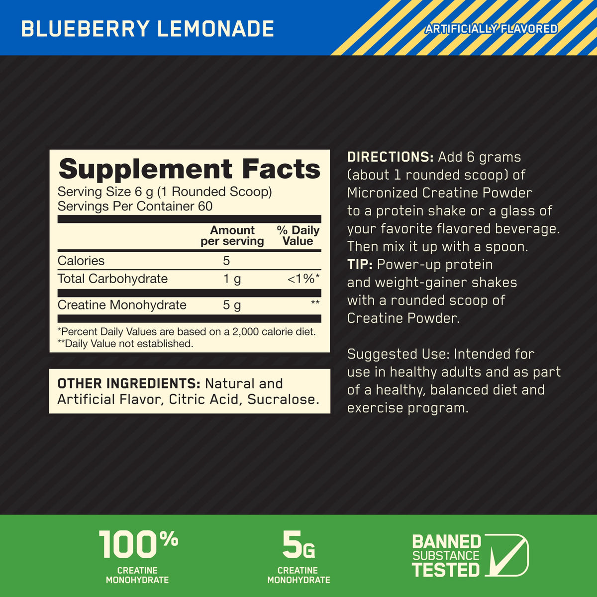 Optimum Nutrition Créatine Micronisée 5g Saveur Citron Myrtille détail de l'emballage