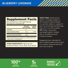 Optimum Nutrition Créatine Micronisée 5g Saveur Citron Myrtille détail de l'emballage
