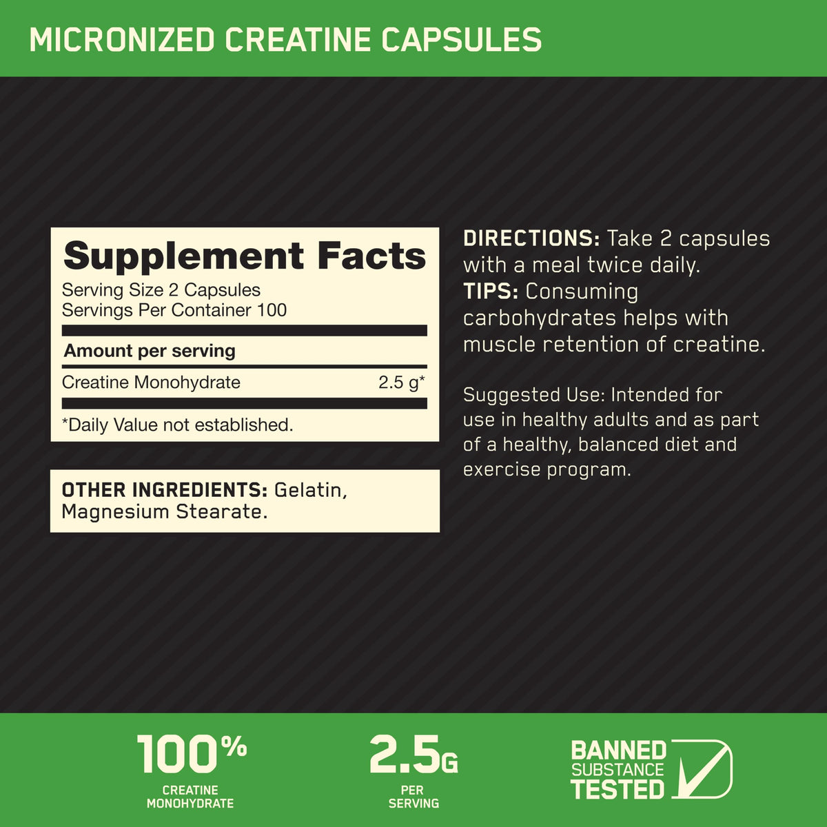 Optimum Nutrition Créatine Monohydrate Capsules 200 Ct avec étiquette