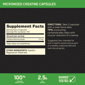 Optimum Nutrition Créatine Monohydrate Capsules 200 Ct avec étiquette