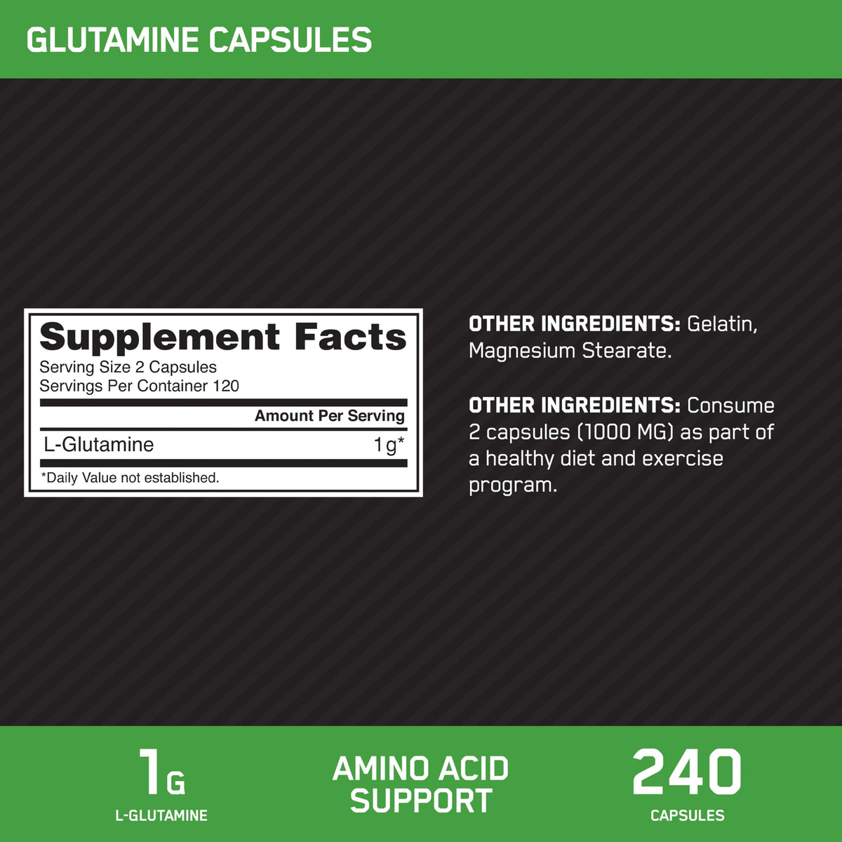 Optimum Nutrition L-Glutamine capsules with a water bottle