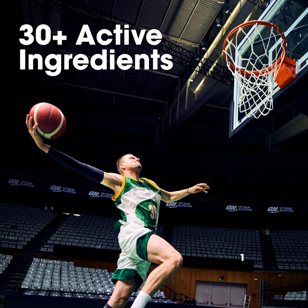 Optimum Nutrition Opti-Men avec une assiette de fruits et légumes