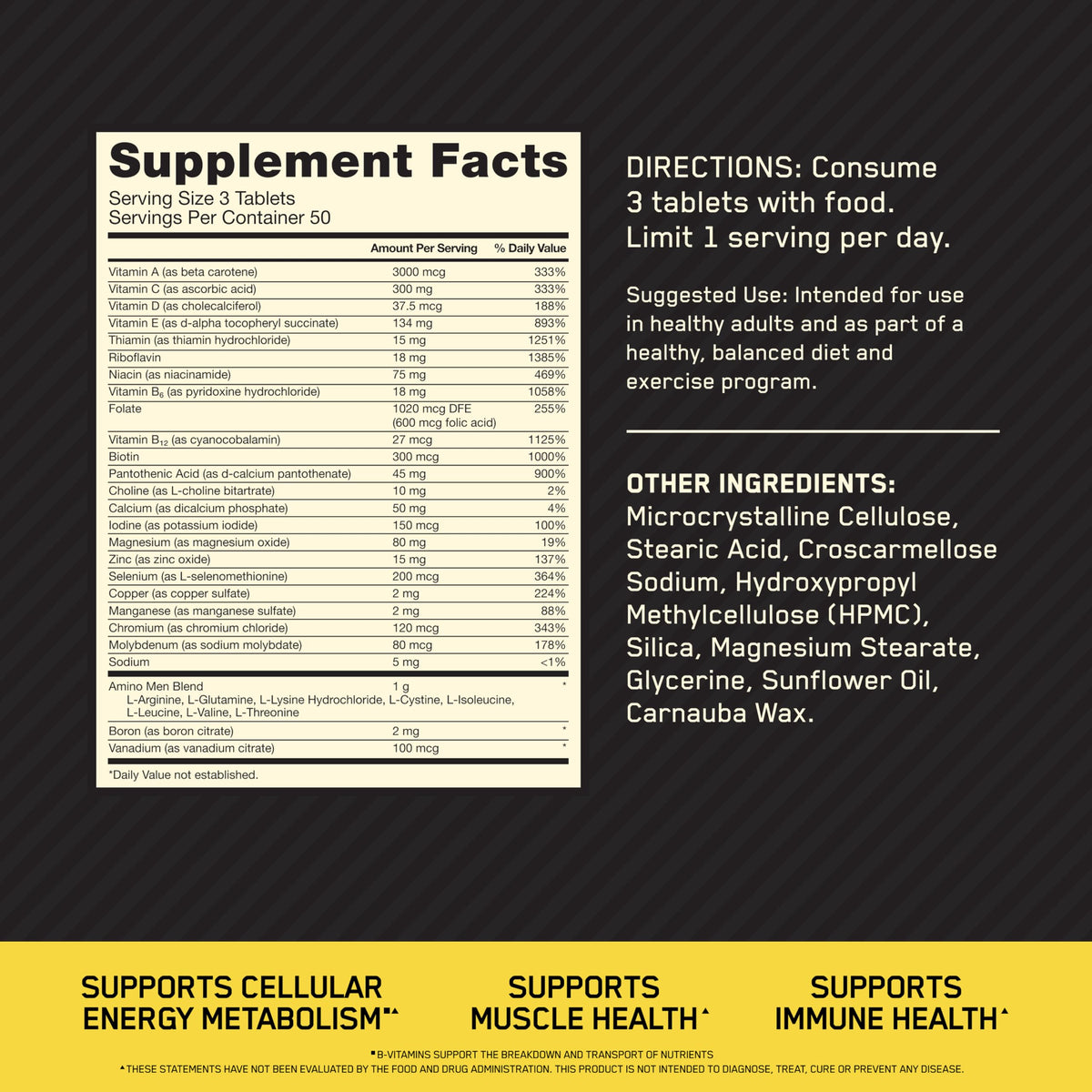 Optimum Nutrition Opti-Men contenant 150 comprimés, vue latérale