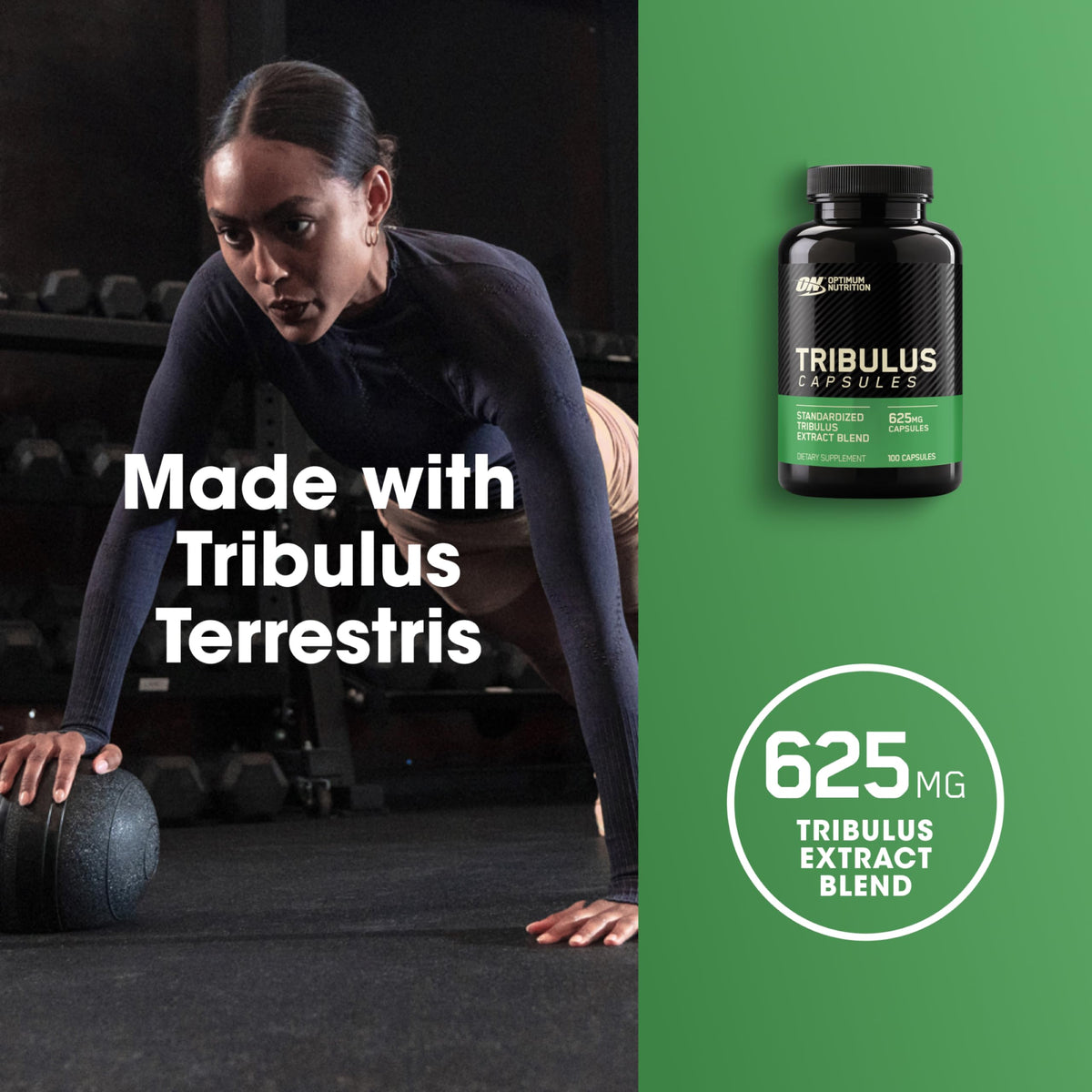 Optimum Nutrition Tribulus bottle with capsules displayed on a wooden surface