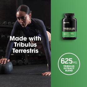Optimum Nutrition Tribulus bottle with capsules displayed on a wooden surface