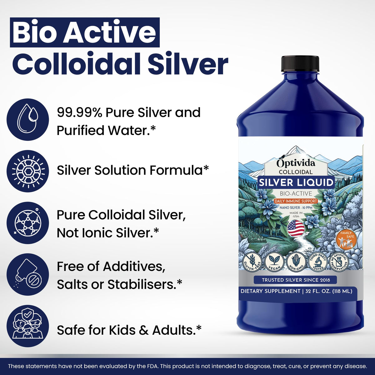 OPTIVIDA Argent Colloïdal Liquide 10 PPM 32 oz sur fond blanc