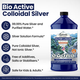 OPTIVIDA Argent Colloïdal Liquide 10 PPM 32 oz sur fond blanc
