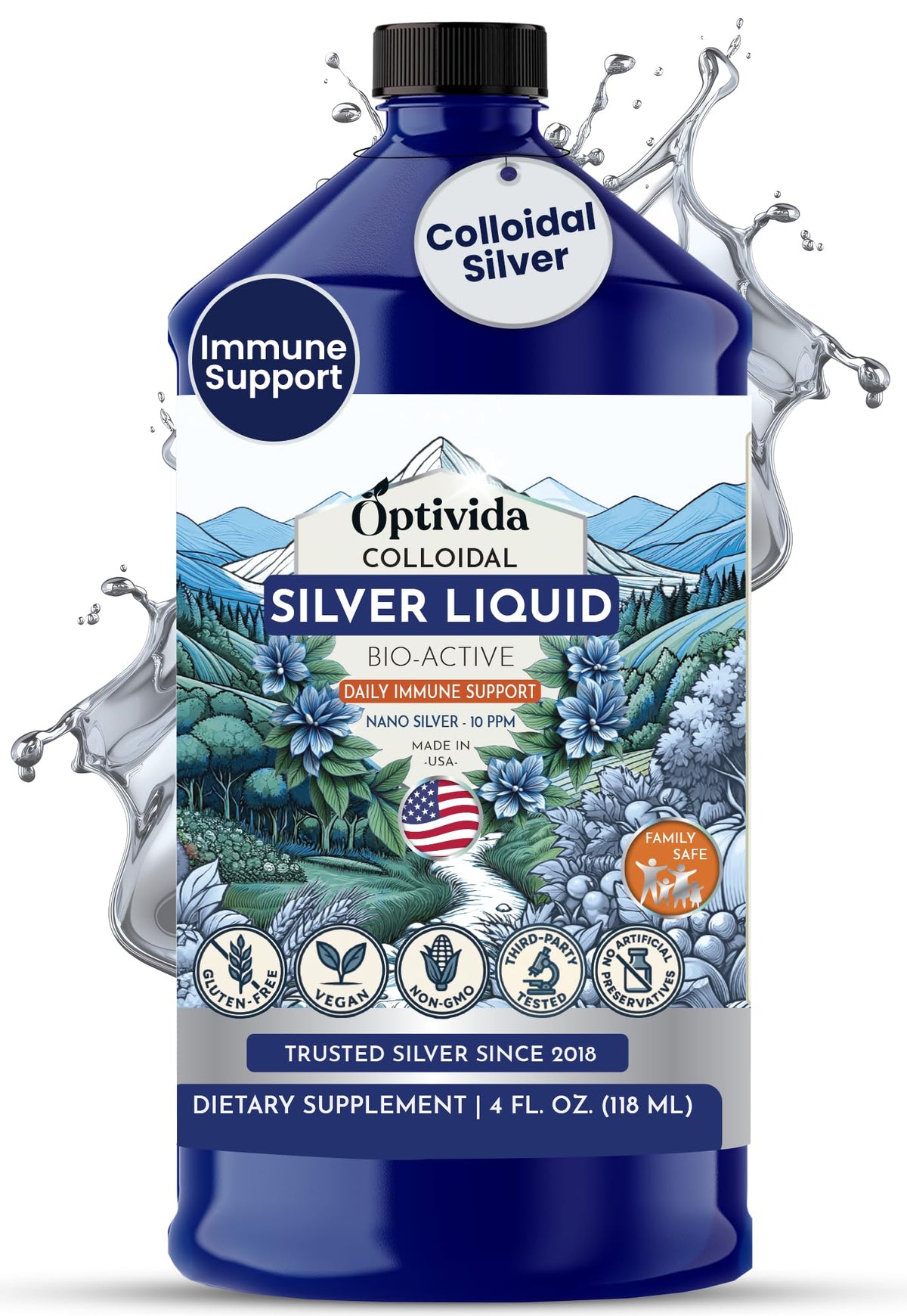 OPTIVIDA Argent Colloïdal Liquide 10 PPM 32 oz vue de face