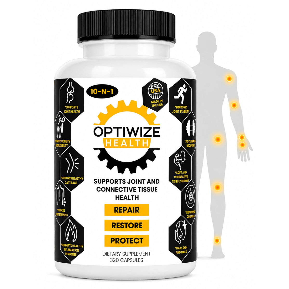 OptiWize 10 en 1 Complément Alimentaire Articulations 320 Capsules vue de face