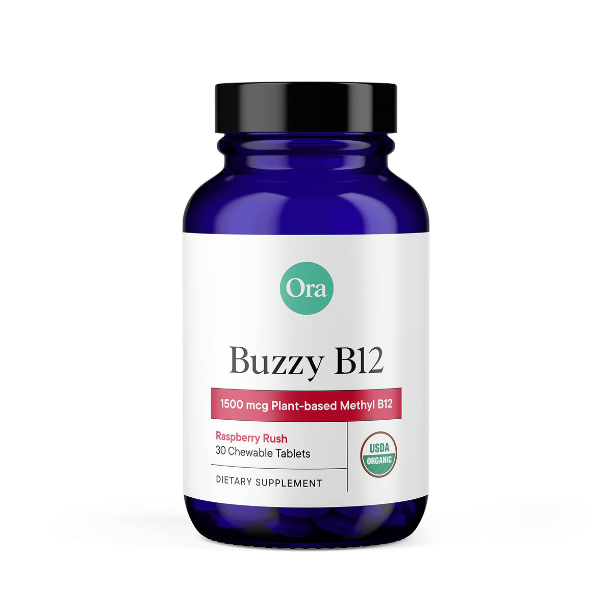 Ora Organic B12 1500mcg comprimés à mâcher framboise devant