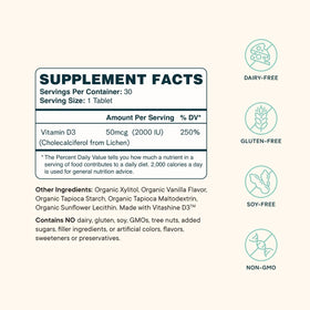 Ora Organic Vitamine D3 2000UI emballage et comprimés à mâcher