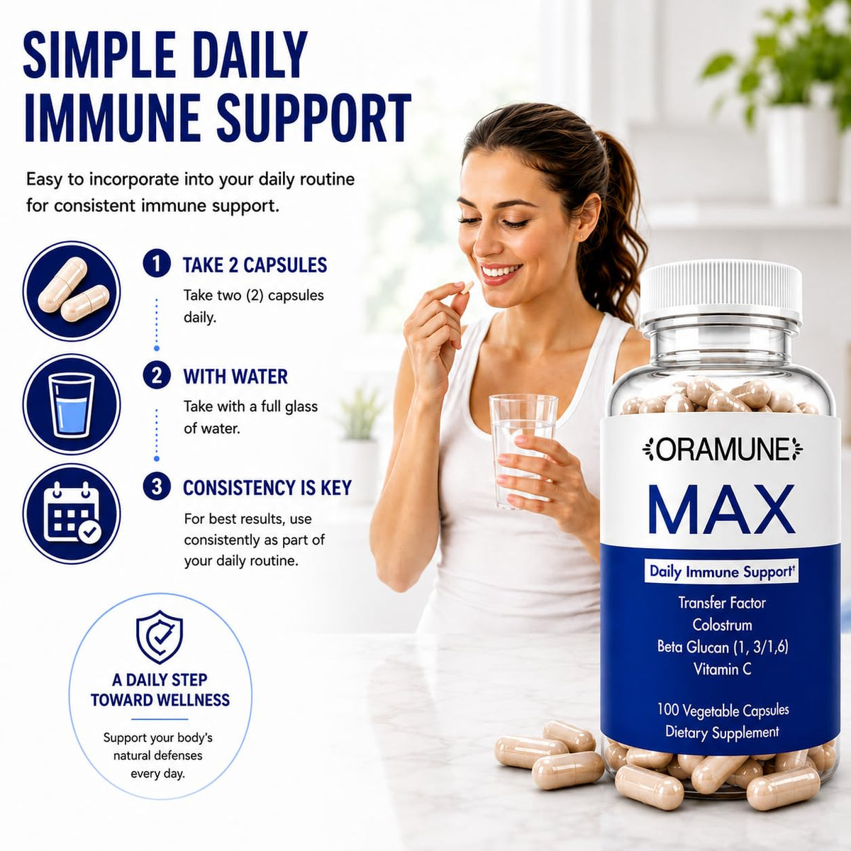 Oramune Max Support sur fond blanc, flacon ouvert