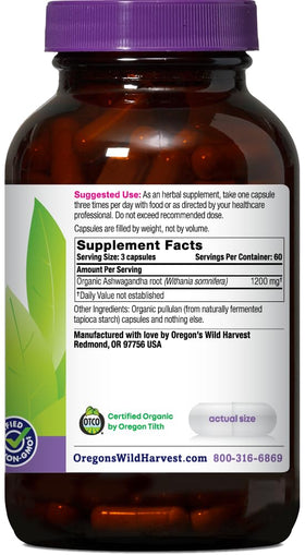 Oregon's Wild Harvest Ashwagandha capsules bio avec étiquette