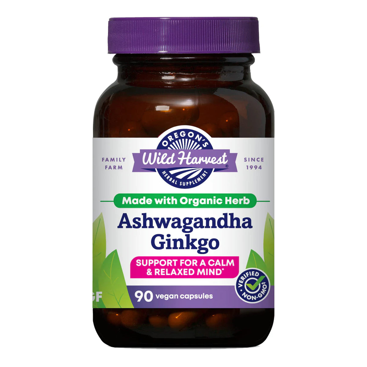 Oregon's Wild Harvest Ashwagandha Ginkgo 90 capsules végétales avec emballage