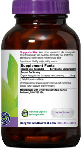 Oregon's Wild Harvest Astragalus Capsules emballage avec informations