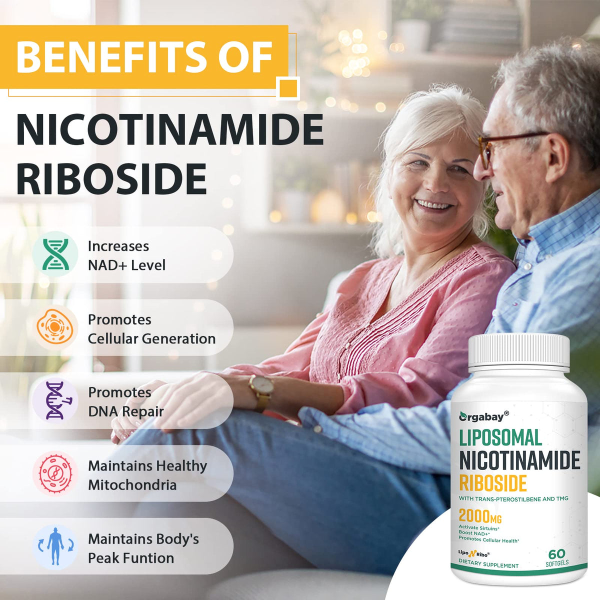 Orgabay Nicotinamide Riboside 2000 MG gélules sur fond blanc