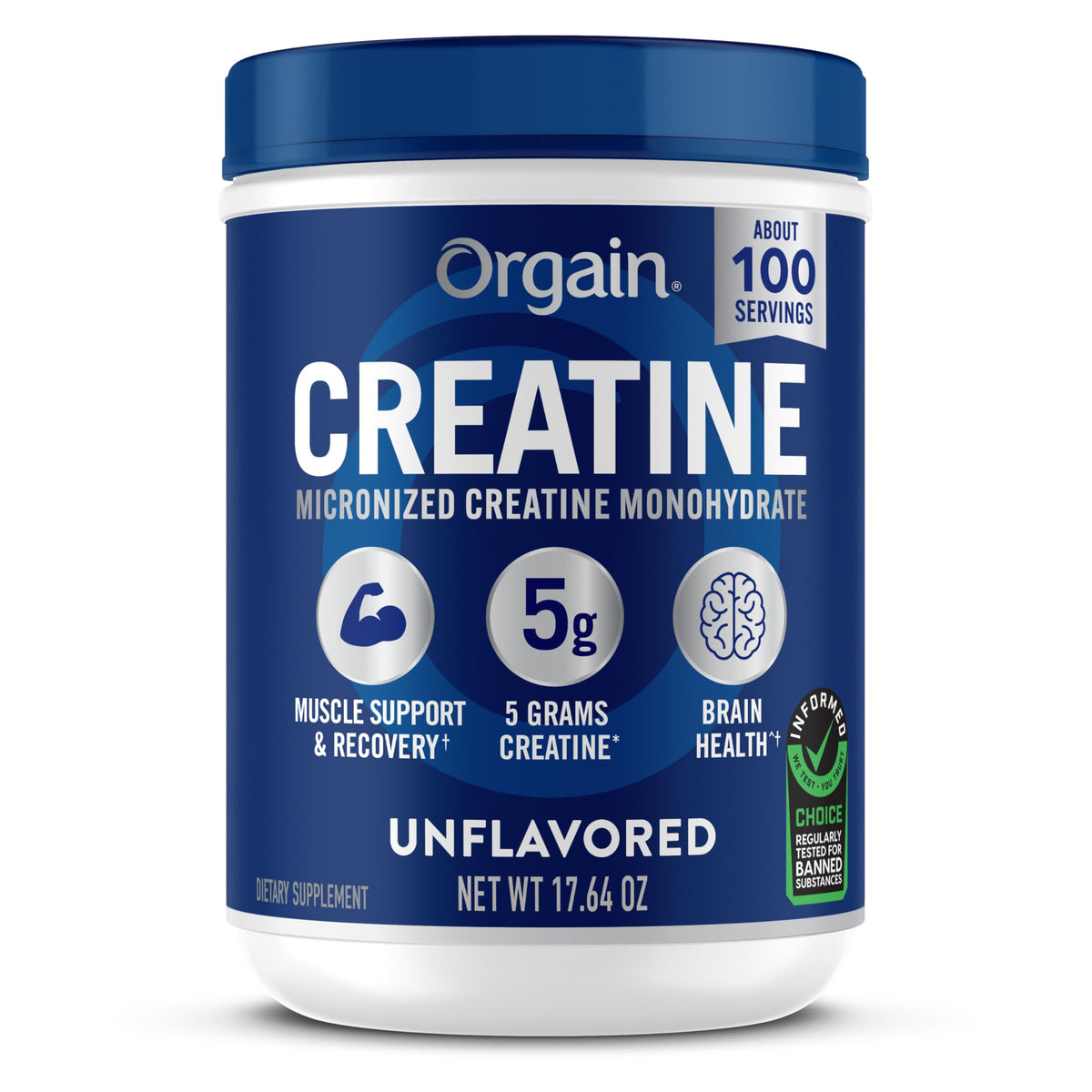Orgain Créatine Monohydrate Micronisée 100 Portions Poudre Incolore vue de face