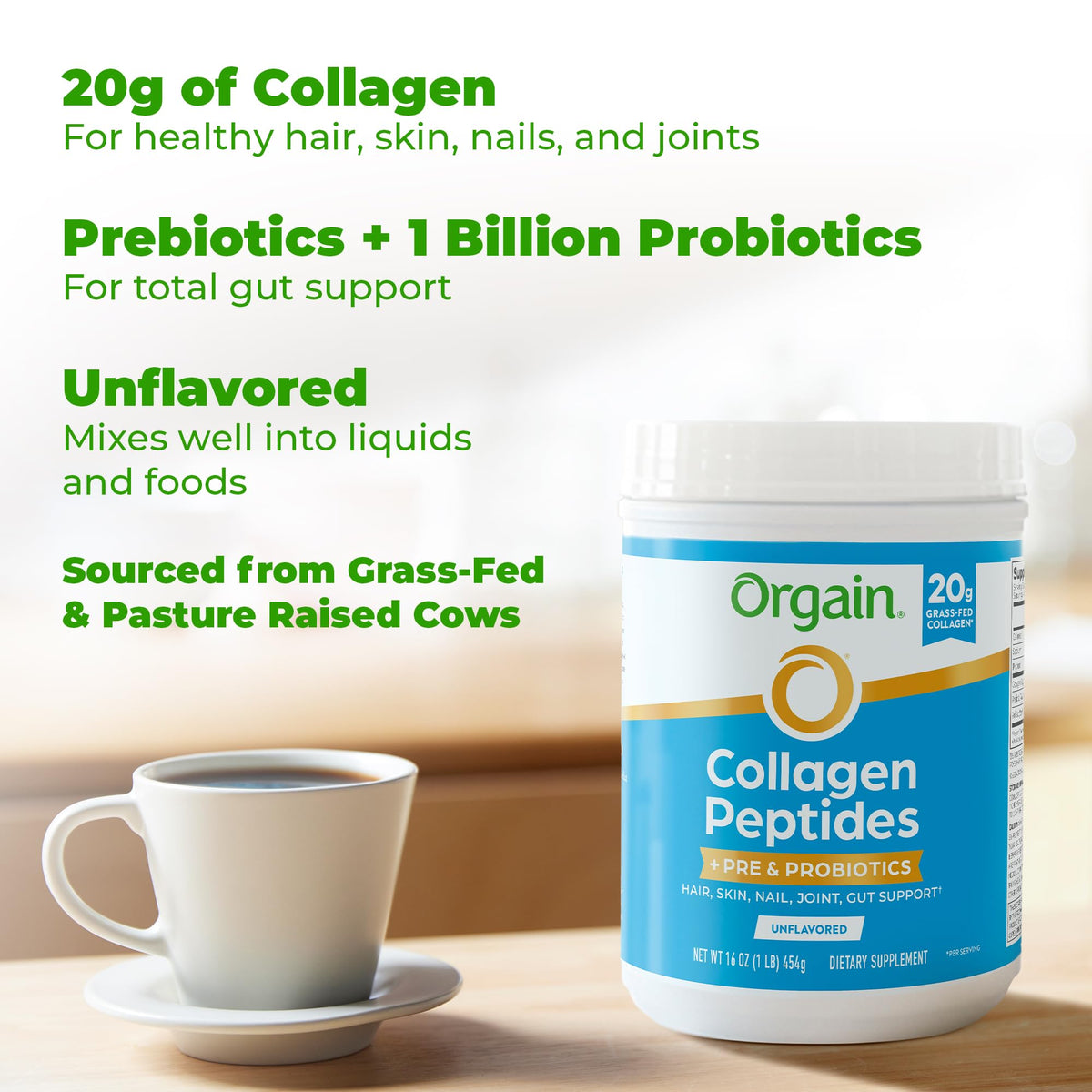 Orgain Poudre de Collagène 20g avec Prébiotiques et Probiotiques, en utilisation dans un smoothie