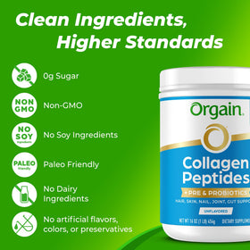 Orgain Poudre de Collagène 20g avec Prébiotiques et Probiotiques, en vue de près