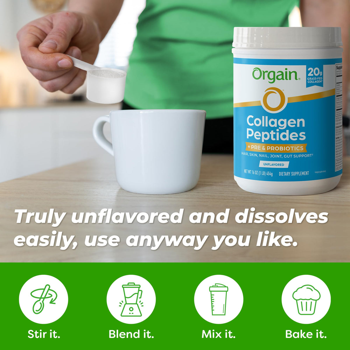 Orgain Poudre de Collagène 20g avec Prébiotiques et Probiotiques, sur une table de cuisine