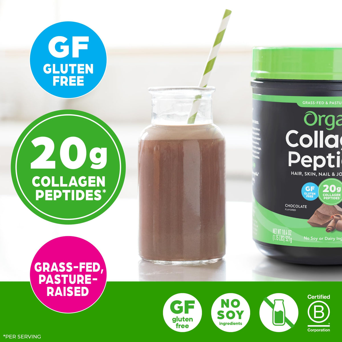 Orgain Poudre de Collagène Hydrolysé Chocolat 624g avec cuillère