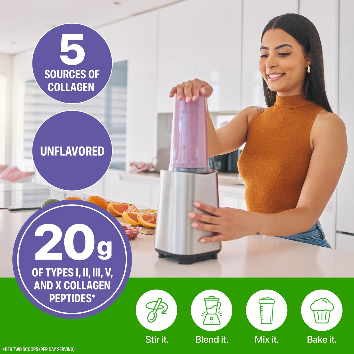 Orgain Poudre de Collagène Multi Hydrolysé 20g avec un verre d'eau