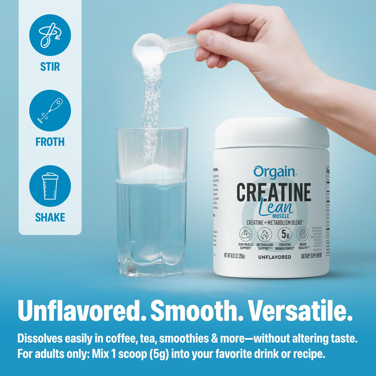 Orgain Poudre de Créatine Monohydrate 320g avec ingrédients sur table
