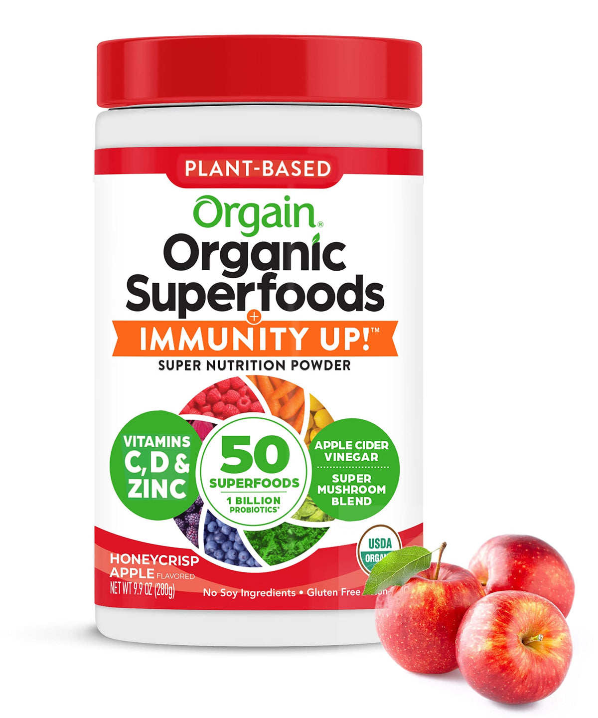 Orgain Poudre de Superfoods daily wellness Up 358g au goût Pomme Honeycrisp vue de face