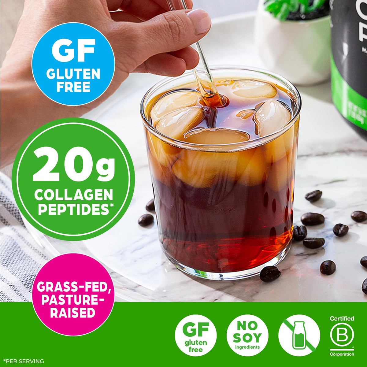Orgain Poudres de Collagène Hydrolysé 572g en cuillère avec une portion