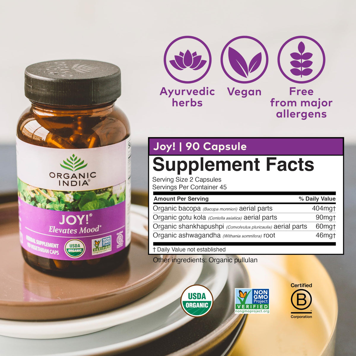 ORGANIC INDIA Joy Complément Alimentaire 90 capsules sur une table