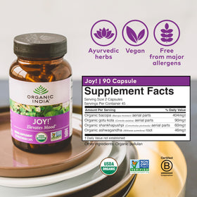 ORGANIC INDIA Joy Complément Alimentaire 90 capsules sur une table
